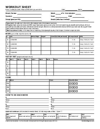 Blank workout sheet. One page, with lines for the date, the lifts, the sets, and notes.